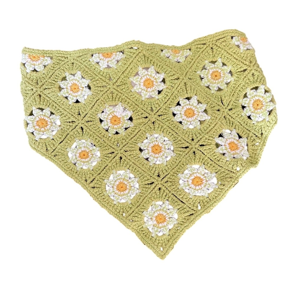 Earthbound Trading Co Green Crochet Daisy Granny Square Bandana Hair Scarf Boho